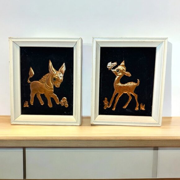 2 Vintage Embossed Copper Art Bambi and Donkey Wooden Frames Wall Hanging - Picture 1 of 4